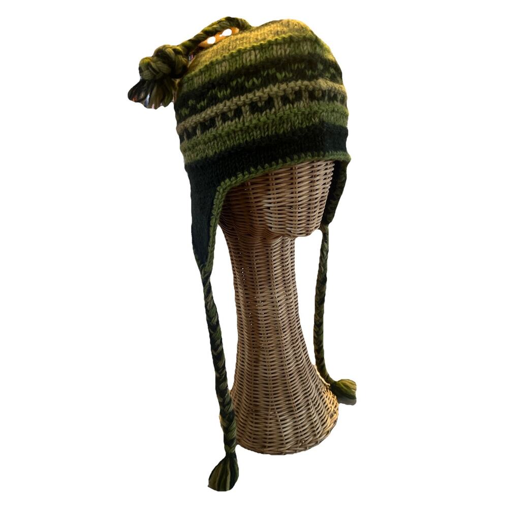1970s Vintage Knit Ski Hat Beanie Tassles Ear Flaps Greens Firefly
